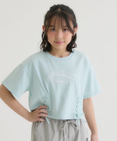PINK-latte(ピンクラテ)の「アソート柄レースアップ半袖Tシャツ(Tシャツ/カットソー・キッズ・オフホワイト/ブラック/ドット/ミント/ラベンダー・150cm/140cm/160cm/120cm/130cm)」の3枚目の写真