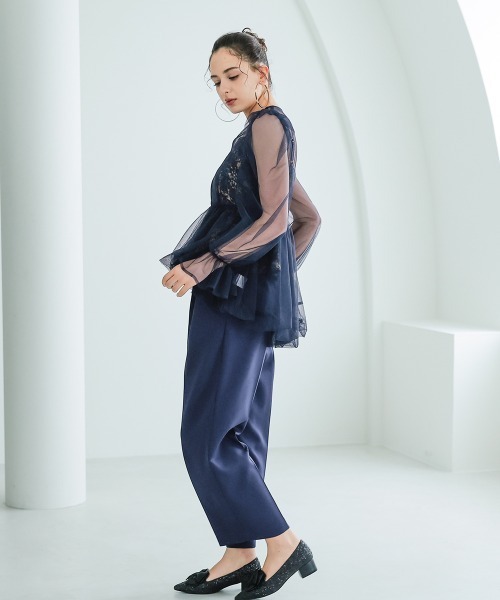 Callarus(カラルス)の「3点セットパンツドレス(バルーンチュールブラウス+ジャガードペプラムキャミ+パンツ)〔Callarus〕(パンツドレス・レディース・ブラック系/ネイビー系・LL/L/M)」の12枚目の写真