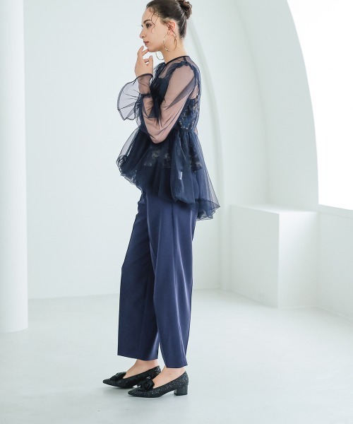Callarus(カラルス)の「3点セットパンツドレス(バルーンチュールブラウス+ジャガードペプラムキャミ+パンツ)〔Callarus〕(パンツドレス・レディース・ブラック系/ネイビー系・LL/L/M)」の13枚目の写真