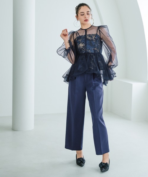 Callarus(カラルス)の「3点セットパンツドレス(バルーンチュールブラウス+ジャガードペプラムキャミ+パンツ)〔Callarus〕(パンツドレス・レディース・ブラック系/ネイビー系・LL/L/M)」の14枚目の写真