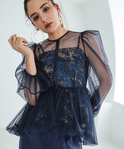 Callarus(カラルス)の「3点セットパンツドレス(バルーンチュールブラウス+ジャガードペプラムキャミ+パンツ)〔Callarus〕(パンツドレス・レディース・ブラック系/ネイビー系・LL/L/M)」の18枚目の写真