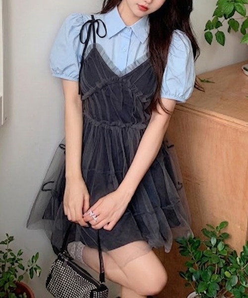 Mejoul(メジュール)の「【2026春夏新作】肩リボンチュールボリュームティアードミニワンピース(ワンピース・レディース・グレー・F)」の20枚目の写真
