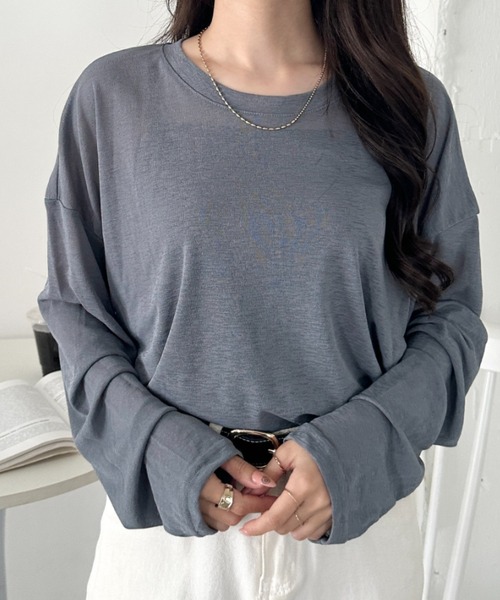 CLEA(クレア)の「キャミ付きシアートップスロンT(Tシャツ/カットソー・レディース・グレー/イエロー/ピンクベージュ/ホワイト/ライトピンク/ライトグリーン/ブラック/ライトグレー/ライトブルー・FREE)」の4枚目の写真