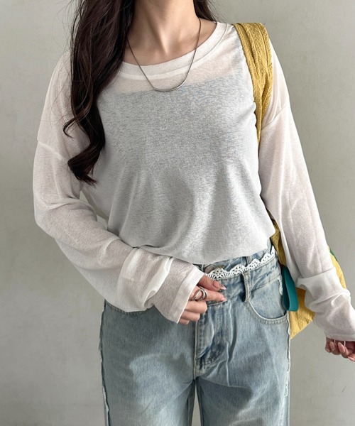 CLEA(クレア)の「キャミ付きシアートップスロンT(Tシャツ/カットソー・レディース・グレー/イエロー/ピンクベージュ/ホワイト/ライトピンク/ライトグリーン/ブラック/ライトグレー/ライトブルー・FREE)」の2枚目の写真