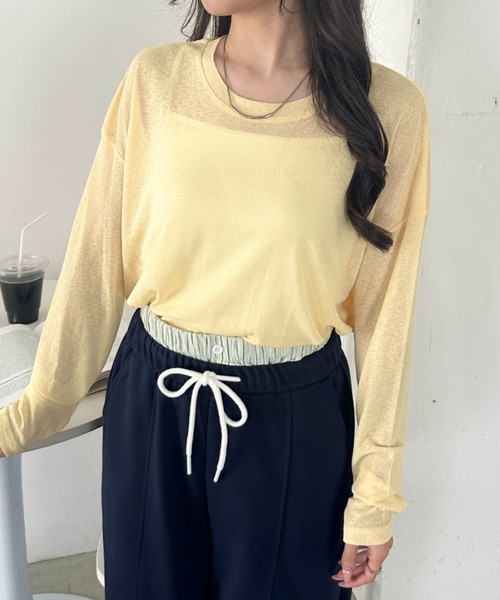 CLEA(クレア)の「キャミ付きシアートップスロンT(Tシャツ/カットソー・レディース・グレー/イエロー/ピンクベージュ/ホワイト/ライトピンク/ライトグリーン/ブラック/ライトグレー/ライトブルー・FREE)」の7枚目の写真