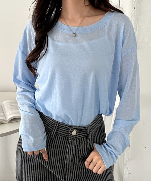 CLEA(クレア)の「キャミ付きシアートップスロンT(Tシャツ/カットソー・レディース・グレー/イエロー/ピンクベージュ/ホワイト/ライトピンク/ライトグリーン/ブラック/ライトグレー/ライトブルー・FREE)」の6枚目の写真