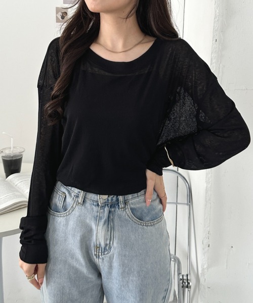 CLEA(クレア)の「キャミ付きシアートップスロンT(Tシャツ/カットソー・レディース・グレー/イエロー/ピンクベージュ/ホワイト/ライトピンク/ライトグリーン/ブラック/ライトグレー/ライトブルー・FREE)」の3枚目の写真