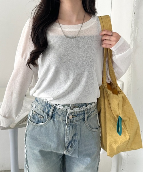 CLEA(クレア)の「キャミ付きシアートップスロンT(Tシャツ/カットソー・レディース・グレー/イエロー/ピンクベージュ/ホワイト/ライトピンク/ライトグリーン/ブラック/ライトグレー/ライトブルー・FREE)」の12枚目の写真