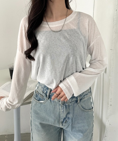 CLEA(クレア)の「キャミ付きシアートップスロンT(Tシャツ/カットソー・レディース・グレー/イエロー/ピンクベージュ/ホワイト/ライトピンク/ライトグリーン/ブラック/ライトグレー/ライトブルー・FREE)」の13枚目の写真