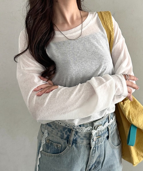 CLEA(クレア)の「キャミ付きシアートップスロンT(Tシャツ/カットソー・レディース・グレー/イエロー/ピンクベージュ/ホワイト/ライトピンク/ライトグリーン/ブラック/ライトグレー/ライトブルー・FREE)」の14枚目の写真