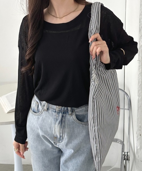 CLEA(クレア)の「キャミ付きシアートップスロンT(Tシャツ/カットソー・レディース・グレー/イエロー/ピンクベージュ/ホワイト/ライトピンク/ライトグリーン/ブラック/ライトグレー/ライトブルー・FREE)」の16枚目の写真
