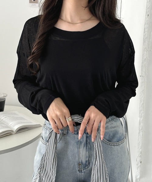 CLEA(クレア)の「キャミ付きシアートップスロンT(Tシャツ/カットソー・レディース・グレー/イエロー/ピンクベージュ/ホワイト/ライトピンク/ライトグリーン/ブラック/ライトグレー/ライトブルー・FREE)」の18枚目の写真