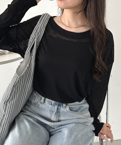 CLEA(クレア)の「キャミ付きシアートップスロンT(Tシャツ/カットソー・レディース・グレー/イエロー/ピンクベージュ/ホワイト/ライトピンク/ライトグリーン/ブラック/ライトグレー/ライトブルー・FREE)」の19枚目の写真