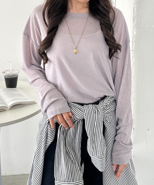 CLEA(クレア)の「キャミ付きシアートップスロンT(Tシャツ/カットソー・レディース・グレー/イエロー/ピンクベージュ/ホワイト/ライトピンク/ライトグリーン/ブラック/ライトグレー/ライトブルー・FREE)」の21枚目の写真