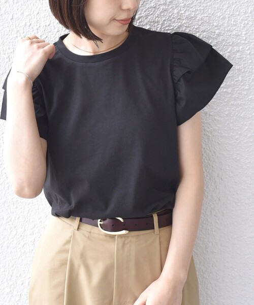 SHIPS Colors(シップス カラーズ)の「【WEB限定】SHIPS Colors:〈手洗い可能〉異素材 フリルスリーブ カットソー◇(Tシャツ/カットソー・レディース・ブラック/イエロー/オフホワイト・ONE SIZE)」の14枚目の写真