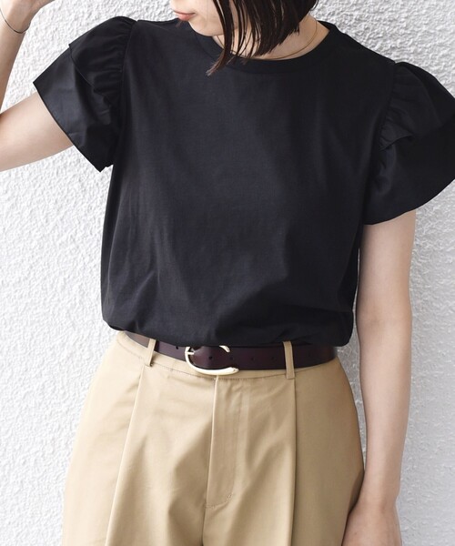 SHIPS Colors(シップス カラーズ)の「【WEB限定】SHIPS Colors:〈手洗い可能〉異素材 フリルスリーブ カットソー◇(Tシャツ/カットソー・レディース・ブラック/イエロー/オフホワイト・ONE SIZE)」の15枚目の写真