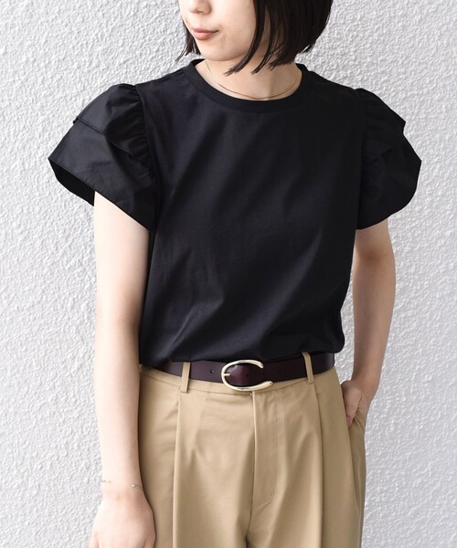 SHIPS Colors(シップス カラーズ)の「【WEB限定】SHIPS Colors:〈手洗い可能〉異素材 フリルスリーブ カットソー◇(Tシャツ/カットソー・レディース・ブラック/イエロー/オフホワイト・ONE SIZE)」の16枚目の写真