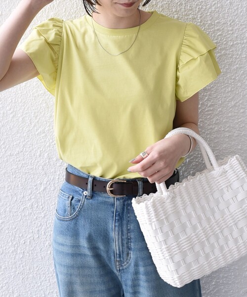 SHIPS Colors(シップス カラーズ)の「【WEB限定】SHIPS Colors:〈手洗い可能〉異素材 フリルスリーブ カットソー◇(Tシャツ/カットソー・レディース・ブラック/イエロー/オフホワイト・ONE SIZE)」の18枚目の写真