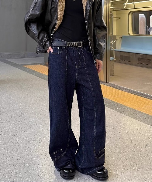 link lot（リンクロット）の「裾デザインワイドストレートデニムパンツ（デニムパンツ・メンズ・ネイビー・L/M）」の2枚目の写真