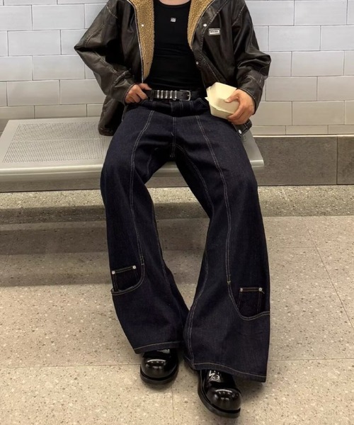 link lot（リンクロット）の「裾デザインワイドストレートデニムパンツ（デニムパンツ・メンズ・ネイビー・L/M）」の5枚目の写真