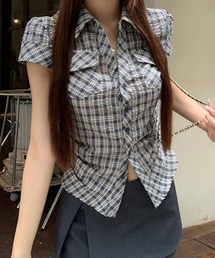 チェック柄フロントボタン タイト半袖シャツ