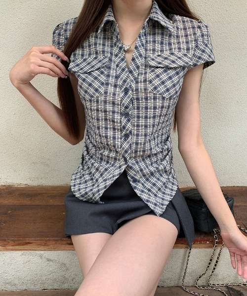 SHEPP（シープ）の「チェック柄フロントボタン タイト半袖シャツ（シャツ/ブラウス・レディース・グリーン・S/M）」の6枚目の写真