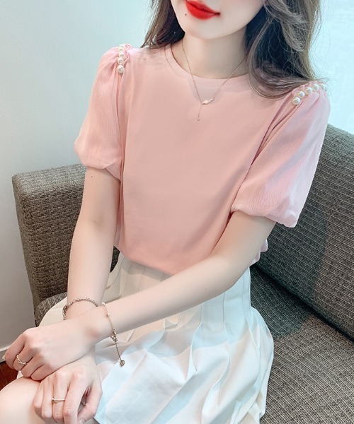 AMAJI(アマジ)の「ラウンドネック バルーンスリーブ プルオーバーTシャツ(Tシャツ/カットソー・レディース・ライトピンク・X-LARGE/LARGE/MEDIUM/SMALL)」の2枚目の写真