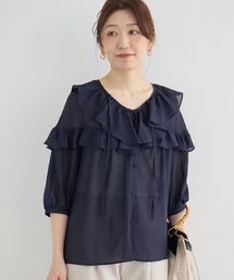 フリルトップス Vネック」に該当するシャツ/ブラウス（ブルー