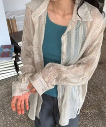【2color】抜け感シアーチェック ルーズ長袖シャツ / 韓国シアーシャツ