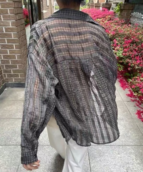 Lis ardent（リスアルダン）の「【2color】抜け感シアーチェック ルーズ長袖シャツ / 韓国シアーシャツ（シャツ/ブラウス・レディース・ライトベージュ/ブラック・M）」の10枚目の写真