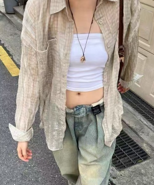 Lis ardent（リスアルダン）の「【2color】抜け感シアーチェック ルーズ長袖シャツ / 韓国シアーシャツ（シャツ/ブラウス・レディース・ライトベージュ/ブラック・M）」の6枚目の写真