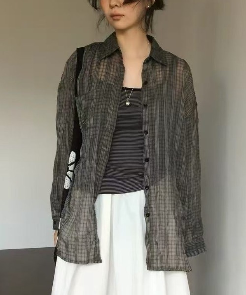 Lis ardent（リスアルダン）の「【2color】抜け感シアーチェック ルーズ長袖シャツ / 韓国シアーシャツ（シャツ/ブラウス・レディース・ライトベージュ/ブラック・M）」の21枚目の写真