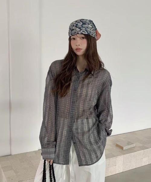 Lis ardent（リスアルダン）の「【2color】抜け感シアーチェック ルーズ長袖シャツ / 韓国シアーシャツ（シャツ/ブラウス・レディース・ライトベージュ/ブラック・M）」の12枚目の写真