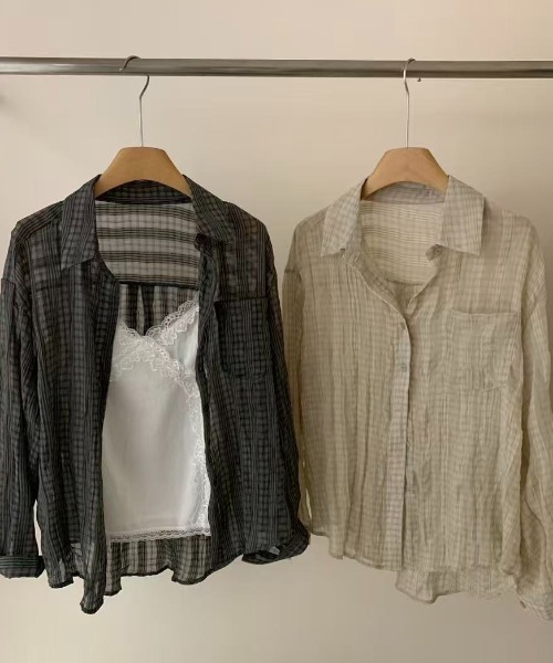 Lis ardent（リスアルダン）の「【2color】抜け感シアーチェック ルーズ長袖シャツ / 韓国シアーシャツ（シャツ/ブラウス・レディース・ライトベージュ/ブラック・M）」の11枚目の写真