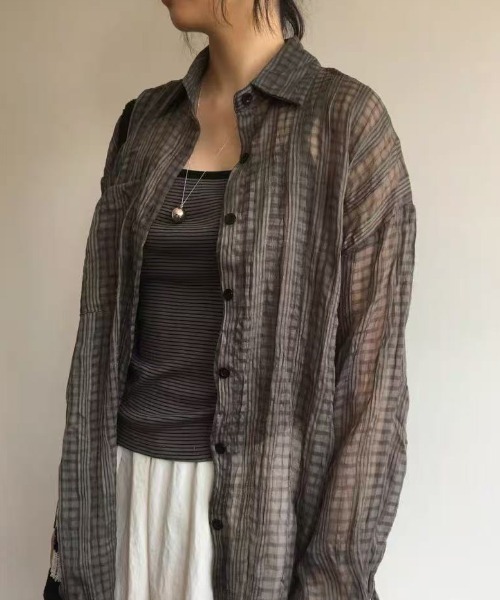 Lis ardent（リスアルダン）の「【2color】抜け感シアーチェック ルーズ長袖シャツ / 韓国シアーシャツ（シャツ/ブラウス・レディース・ライトベージュ/ブラック・M）」の18枚目の写真