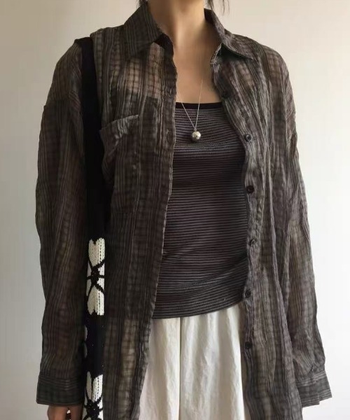 Lis ardent（リスアルダン）の「【2color】抜け感シアーチェック ルーズ長袖シャツ / 韓国シアーシャツ（シャツ/ブラウス・レディース・ライトベージュ/ブラック・M）」の20枚目の写真