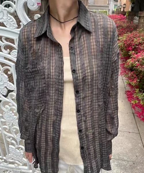 Lis ardent（リスアルダン）の「【2color】抜け感シアーチェック ルーズ長袖シャツ / 韓国シアーシャツ（シャツ/ブラウス・レディース・ライトベージュ/ブラック・M）」の9枚目の写真