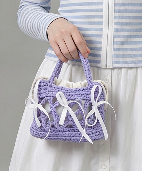 HOOK(フック)の「HOOK for girls ハンドメイド かぎ針編み × サテンリボン ミニ かごバッグ ハンドバッグ(ハンドバッグ・レディース・ネイビー/パープル/ライトブルー/ブラウン/グリーン・FREE)」の5枚目の写真