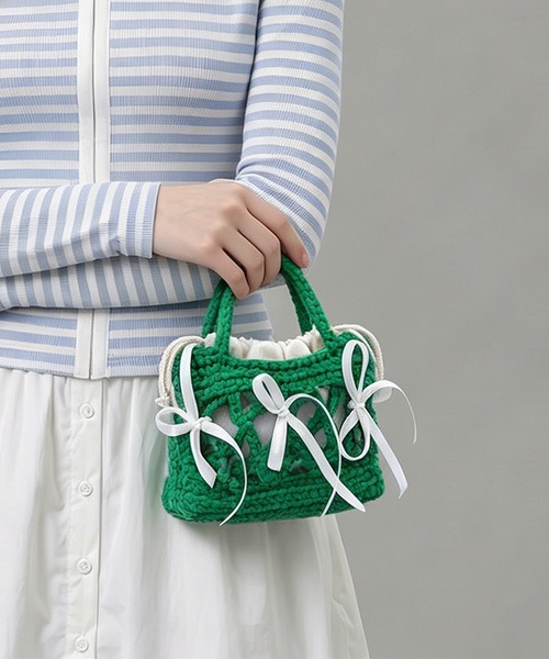 HOOK(フック)の「HOOK for girls ハンドメイド かぎ針編み × サテンリボン ミニ かごバッグ ハンドバッグ(ハンドバッグ・レディース・ネイビー/パープル/ライトブルー/ブラウン/グリーン・FREE)」の1枚目の写真