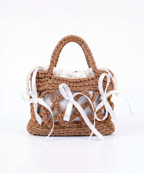 HOOK(フック)の「HOOK for girls ハンドメイド かぎ針編み × サテンリボン ミニ かごバッグ ハンドバッグ(ハンドバッグ・レディース・ネイビー/パープル/ライトブルー/ブラウン/グリーン・FREE)」の17枚目の写真