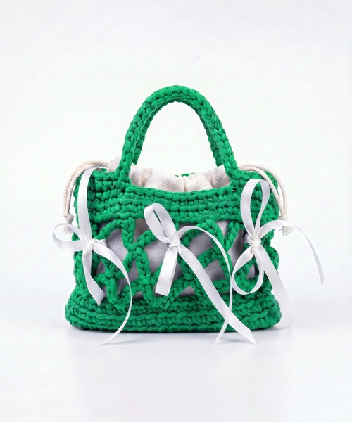 HOOK(フック)の「HOOK for girls ハンドメイド かぎ針編み × サテンリボン ミニ かごバッグ ハンドバッグ(ハンドバッグ・レディース・ネイビー/パープル/ライトブルー/ブラウン/グリーン・FREE)」の18枚目の写真