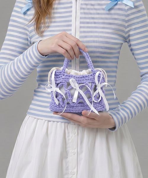 HOOK(フック)の「HOOK for girls ハンドメイド かぎ針編み × サテンリボン ミニ かごバッグ ハンドバッグ(ハンドバッグ・レディース・ネイビー/パープル/ライトブルー/ブラウン/グリーン・FREE)」の6枚目の写真