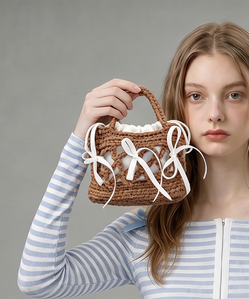 HOOK(フック)の「HOOK for girls ハンドメイド かぎ針編み × サテンリボン ミニ かごバッグ ハンドバッグ(ハンドバッグ・レディース・ネイビー/パープル/ライトブルー/ブラウン/グリーン・FREE)」の22枚目の写真