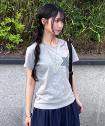 チェックツースターアップリケ刺繍半袖Tシャツメランジ