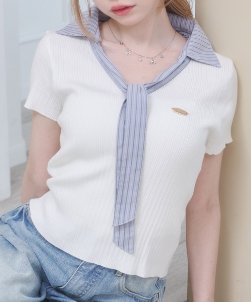 【着用2回】アリスアンドオリビア　ボウタイ♡ドット♡半袖ニットトップス ボウタイ リブニット ドッキング トップス（半袖）（ニット/セーター