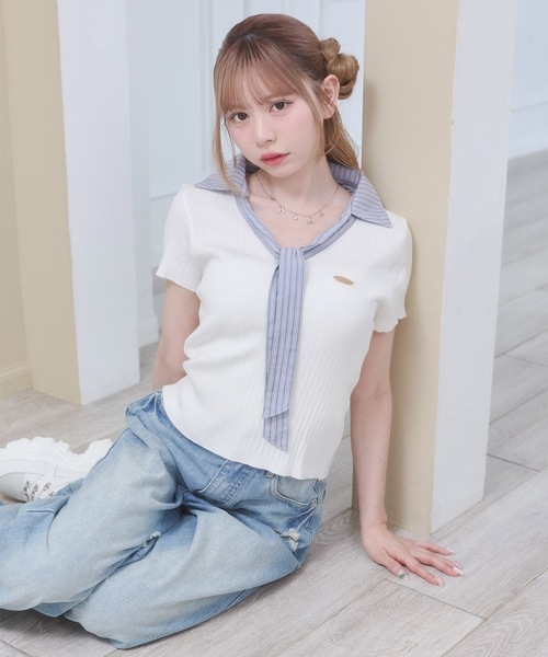 Rmine(アールマイン)の「ボウタイ リブニット ドッキング トップス(半袖)(ニット/セーター・レディース・ホワイト/ネイビー/ブルー・FREE)」の11枚目の写真