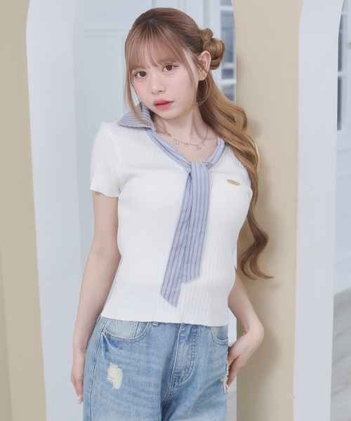 Rmine(アールマイン)の「ボウタイ リブニット ドッキング トップス(半袖)(ニット/セーター・レディース・ホワイト/ネイビー/ブルー・FREE)」の10枚目の写真