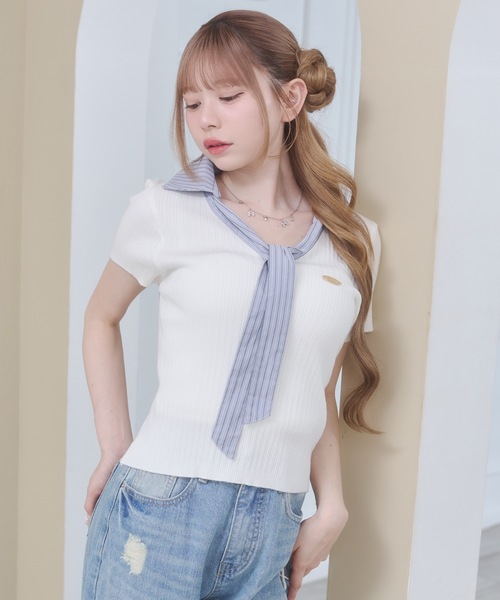 Rmine(アールマイン)の「ボウタイ リブニット ドッキング トップス(半袖)(ニット/セーター・レディース・ホワイト/ネイビー/ブルー・FREE)」の9枚目の写真