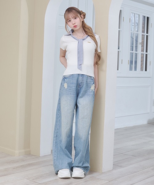 Rmine(アールマイン)の「ボウタイ リブニット ドッキング トップス(半袖)(ニット/セーター・レディース・ホワイト/ネイビー/ブルー・FREE)」の7枚目の写真