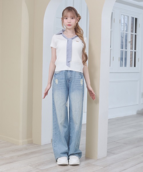 Rmine(アールマイン)の「ボウタイ リブニット ドッキング トップス(半袖)(ニット/セーター・レディース・ホワイト/ネイビー/ブルー・FREE)」の6枚目の写真